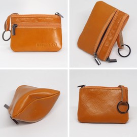 BAWAKO Genuine Leather Small Coin Purse for Men and Women, Two Compartments, Zip, Keyring, Orange, 10 cm * 7 cm
