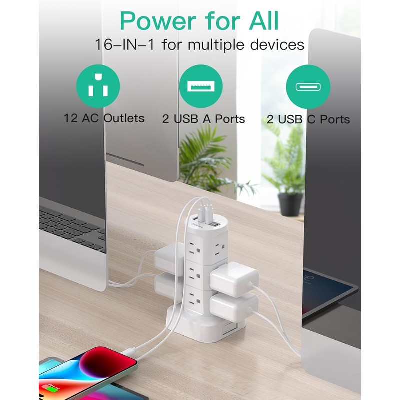 Surge Protector Power Strip Tower - Flat Plug Power Strip