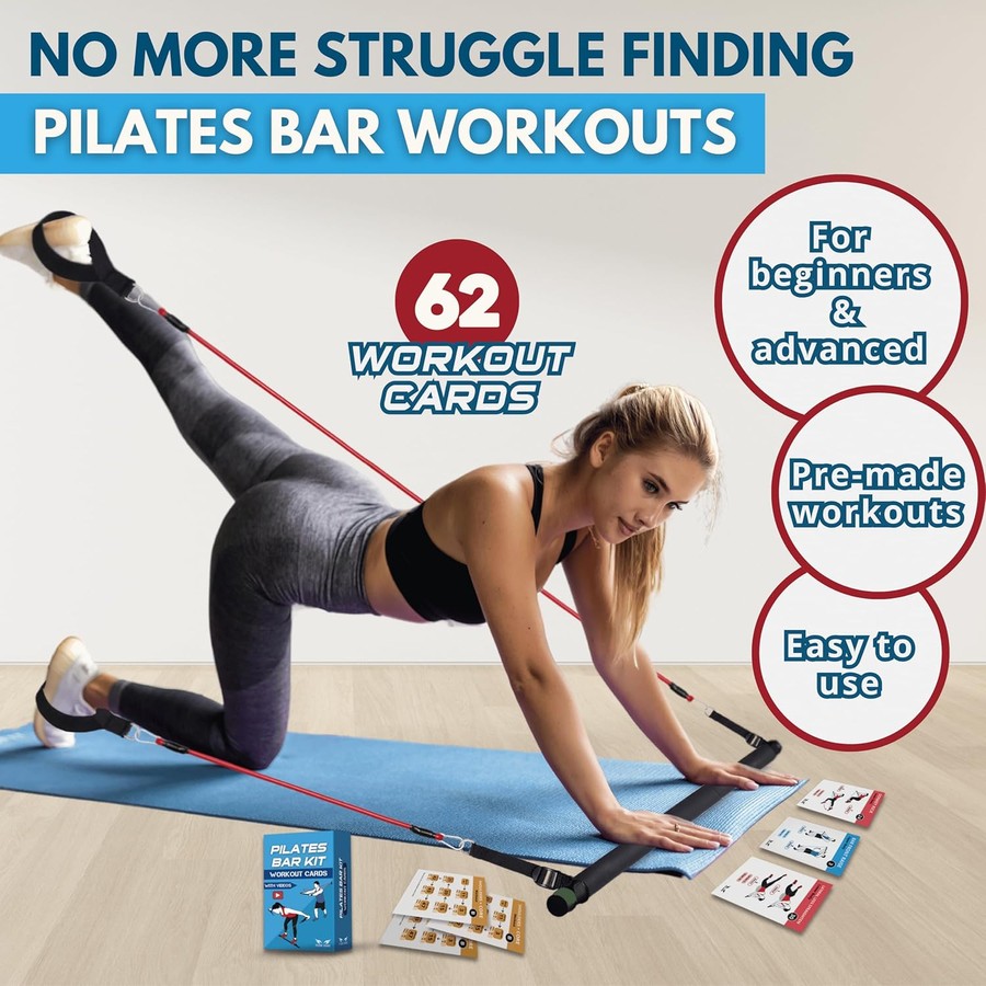Pilates Bar Workout Cards, 62 Exercise Card Deck with Video Guide and Workout Plan for Home Fitness Training