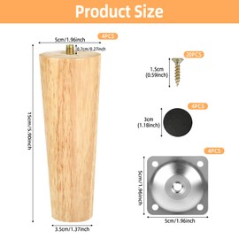 CEOTIS 15 cm Wooden Feet - Pack of 4 Wooden Furniture Legs, Replacement Feet for Sofa, Table Legs, Cabinet Feet with Mounting Plate and Rubber Pads, Sofa Replacement Legs, Feet for Cupboard