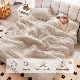 JOLLYVOGUE 3 Pieces Queen Comforter Set, Dark Gray Seersucker Bedding Comforter Sets, All Season Bed in a Bag Queen, Lightweight & Fluffy Queen Bedding Set with 1 Comforter, 2 Ruffle Pillowshams