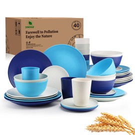 SINOGE 40PCS Plates and Bowls Sets, Unbreakable Wheat Straw Dinnerware Sets for 8,Plastic Reusable Kitchen dishes set,Dishwasher Microwave Safe Plates,RV.Camping Picnic outdoor Dishes-Coastal Feast