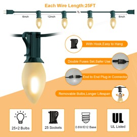 C7 LED Frosted White Lights 25Ft Outdoor Ceramic String Lights with 27 Frosted White LED Bulbs, Vintage Christmas Lights for Christmas Carnival Patio Wedding Holiday Decoration, Green