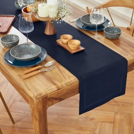 Solino Home Navy Blue Hemstitch Table Runner 48 Inches - 100% Pure Linen Small Table Runner 14 x 48 Inch Ideal for Dresser and Coffee Tables - Medium Weight, Winter