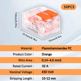 50 x Cable Connectors with Actuation Lever, Connection Clamps 2 Pin, Connection Clamp for Fixed Cable