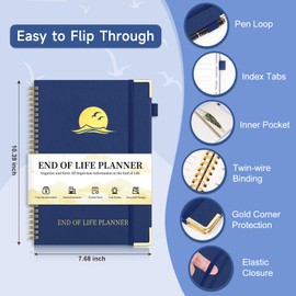 End of Life Planner, Estate Planning Organizer with Tabs for Senior, Spiral Funeral Planning Book with Large Font, Gold Corner Guards & Inner Pocket for Will Preparation, 7.36" x 10.4", Blue