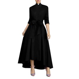 Church Dress for Women Long Sleeve Loose Elegant Clergy Maxi Dress with Tab Insert Collar and Belts Black