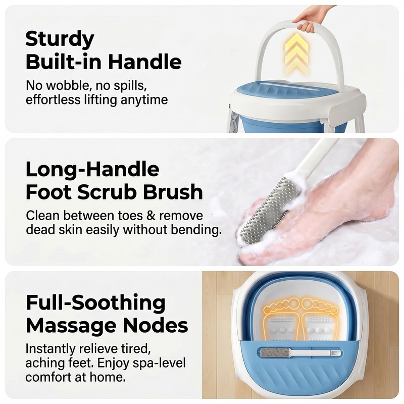 Collapsible Foot Bath Tub with Long Handle Foot Brush, Foldable