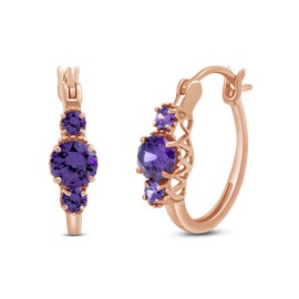 14k Rose Gold Over Sterling Silver Round Cut Simulated Amethyst In 3 Stone Twisted Hoop Earrings