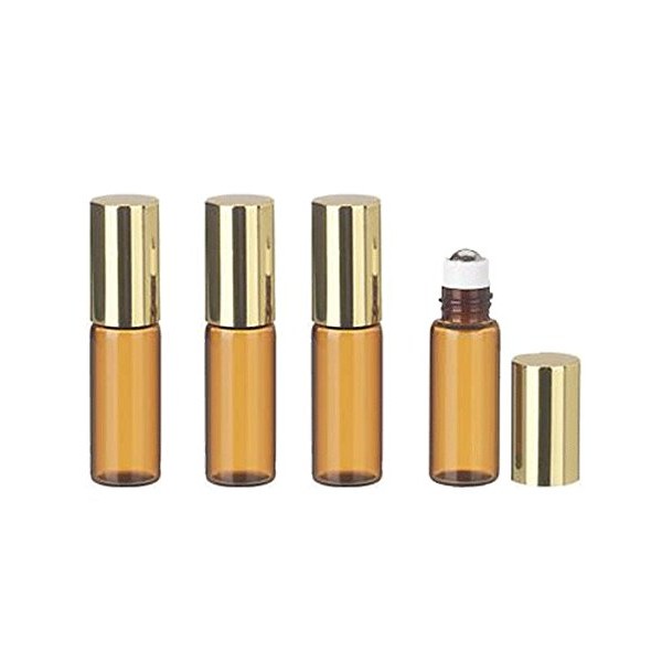 Grand Parfums 12 Pcs Thin Tall Amber Glass Brown 3ml Roll on Bottle with Gold Metallic Caps for Essential Oil Steel Metal Roller Ball for Travel