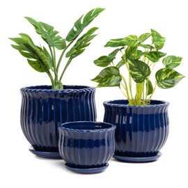 Nattol Ceramic Flower Pots, Ceramic Planters with Drainage Hole and Saucer, Modern Round Ceramic Succulent Plant Pots with Stripe Texture, Small to Medium Sized, Set of 3, Navy Blue