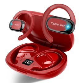 Conyat Open Ear Headphones, 58H Playtime Bluetooth 5.4 Wireless Earbuds with Immersive Stereo, Air Conduction Earphones with HD Mic, ENC Clear Calls/LED Display/IP7 Waterproof Open Ear Earbuds, Red