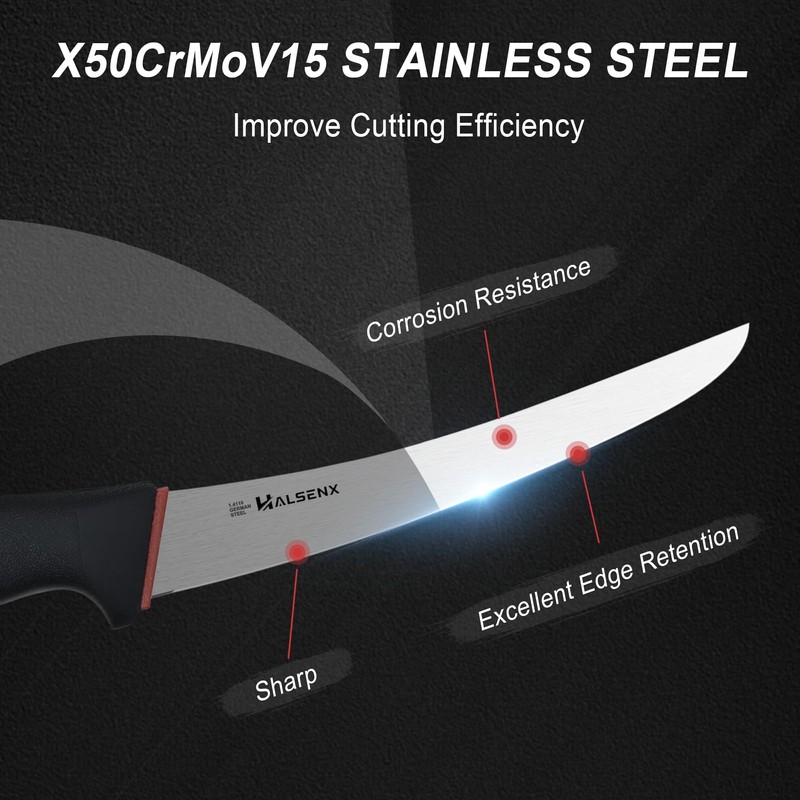 HALSENX Professional 6 Inch Curved Stiff Boning Knife -Non-Slip SoftGrip