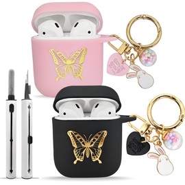 REDX1 [2 Pack] Case Compatible with Airpod 1 & Airpods 2nd Generation,Protective Cover with Cleaner Pen, Lucky Ball Keychain Accessories,Soft TPU for Women,Girl,Teen,(Black,Pink)