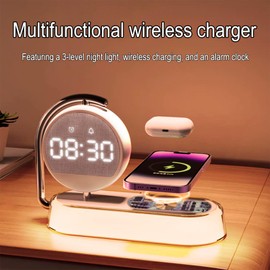 DHBY All-in-One Wireless Charger Dock - W001(White),Digital Clock, Night Light, Alarm,15W Fast Charging,Compatible with Nearly All Qi-Enabled Phones, Earbuds, and Watches.