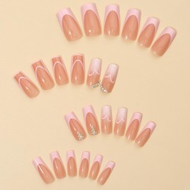 Medium Press on Nails Square Glue on Nails Light Pink French Fake Nails 3D Rhinestones Acrylic Nails Heart False Nails Cute & Reusable Stick on Nails for Women 24 Pcs