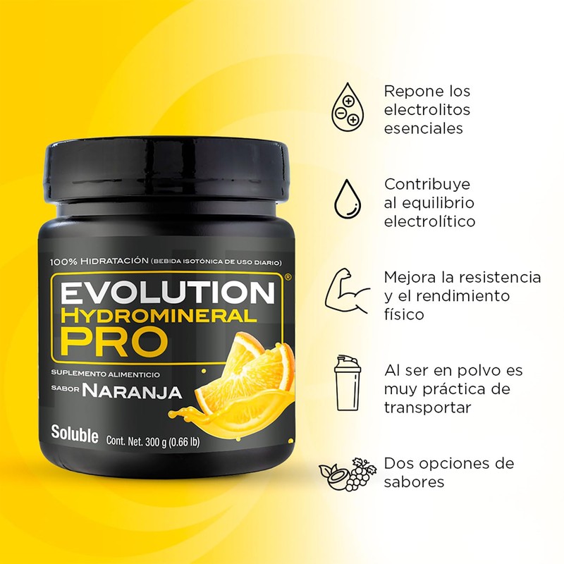 EVOLUTION, Bebida Hidratante en Polvo, Hydromineral Pro, 5 Electrolitos, Sugar