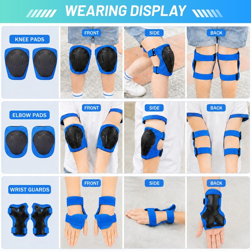 Lafefe 6PCS Blue Kids Protective Gear Set Knee Elbow Wrist