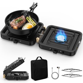 2 Burner Camping Propane Stove, Portable Folding Propane Stove with Carrying Bag, Adjustable High Heat Burners & Piezo Push-Button Instant Ignition, Outdoor Tailgating, Backyard BBQ Camping Essentials