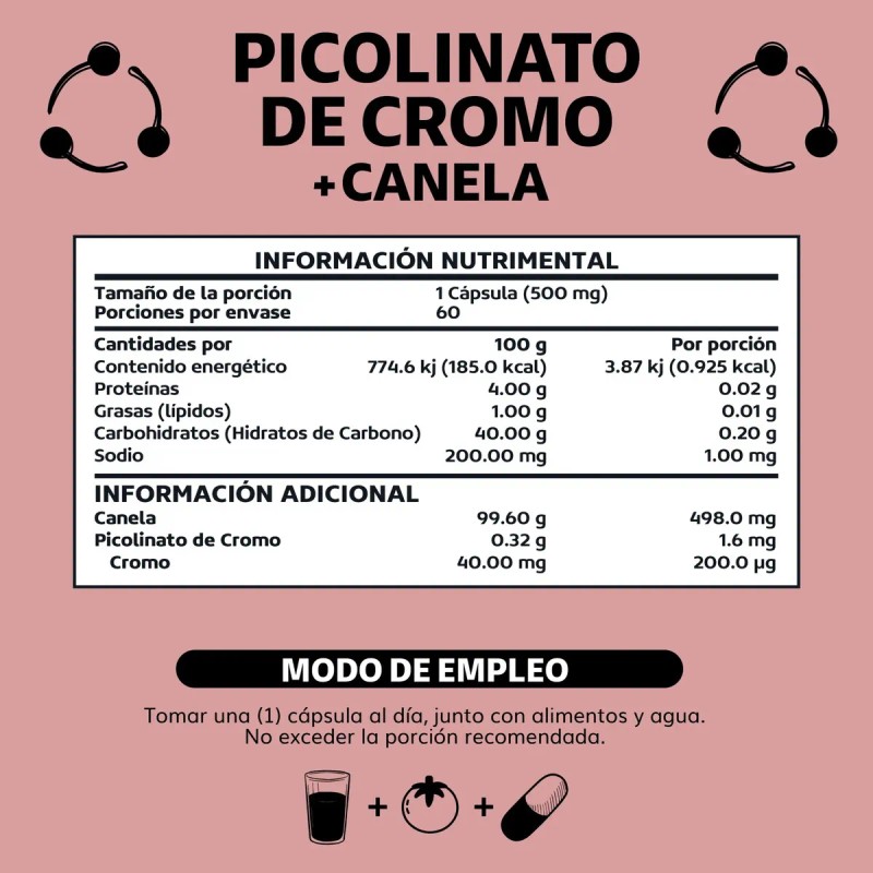 Picolinato Cromo Canela Tecnología Cápsulas Veganas Vcaps Vitaminas Mujer Hombre