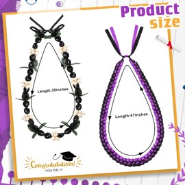 Remuuly 2 Pcs Graduation Leis 2025 Graduation Ribbon Lei Hawaiian Kukui Nut Lei Braided Necklace Beads Necklaces 2025 Graduation Gifts Party Accessories for Women and Men(Black Purple)