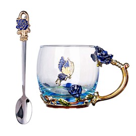 C&Z Emaille-Glasbecher Schmetterling Blume bleifrei trinken Teetasse Kaffee Tassen mit Stahllöffel Set für Frauen Geburtstag Valentinstag Hochzeit Geschenke Blau