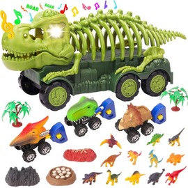 Dinosaur Truck with Sound & Light, Toy for Kids 3-5, T Rex Monster Truck Carrier Transport Car Game with 3 Little Dino Catapult Cars Vehicle & Jurassic Dinosaurs Figures - Color: Dino Truck