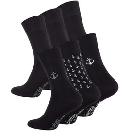 CC Clark Crown 6 Pairs of Bamboo Socks Elegant and Modern, without Pressing Seam, Black Plain and Anchor Pattern, 6 pairs - 3 x black / 3 x anchors