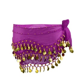 Women's Belly Dance Belt, Professional Belly Dance Costume, Chiffon Hip Scarf with 128 Golden Coins, Dance Cloth Belly Dance Skirt, purple, Unit size