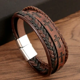 TIMFROZ Mens Leather Cross Bracelet Multi-Layer Braided Faith Bracelet Religious Wristband Father's Day Birthday Jewelry Gifts for Men 8.5" Memory Bracelet with Stainless Steel Buckle Brown