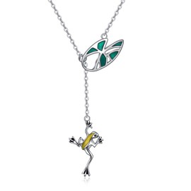 YAFEINI Frog Necklace for Women Sterling Silver Frog Lotus Adjustable Lariat Y Necklace Frog Pendant Jewelry