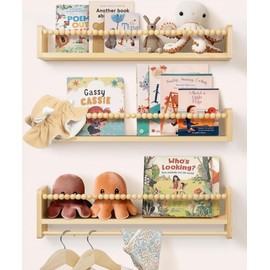 Mazjoaru Nursery Book Shelves for Wall 24inch Set of 3, Natural Wood Bookshelf Wall Decor, Floating Shelf Organizer for Kids Room, Bedroom, Kitchen Spice Rack