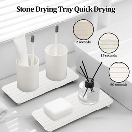OWATRKDEY 3PCS Water Absorbing Stone Tray for Sink,Stone Drying Tray,Diatomite,for Placing Kitchen and Bathroom Accessories,8 × 4inch and 4 × 4inch (White)