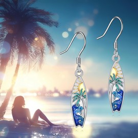 YONFQE Palm Tree Earrings Sterling Silver Surfboard Dangle Earrings Palm Tree Jewellery Gifts for Women