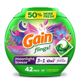 Gain Flings Laundry Detergent Pacs, 42 Count, Moonlight Breeze Scent, 3 in 1 HE Detergent Pacs with Oxi Boost and Febreeze