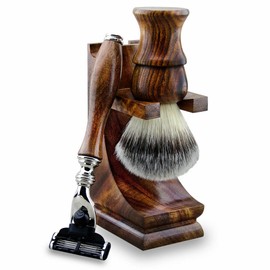 Haryali London Mens Wooden Double Edge Safety Razor and Shaving Brush Stand Holder Grooming Set