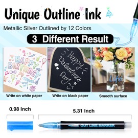 Super Squiggles Markers - 12 Colors Self Outline Metallic Markers Double Line Pen, Outline Markers Pens for Art, Drawing, Greeting Cards, Craft Projects, Posters, Painting, Kid Journal, Self Journal