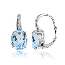 Sterling Silver Blue Topaz & White Topaz Oval Leverback Earrings
