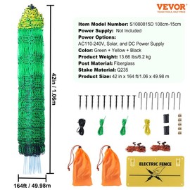 VEVOR Electric Fence Netting, 35" H x 164' L, PE Net Fencing with Posts & Double-Spiked Stakes, Utility Portable Mesh for Goats, Sheep, Lambs, Deer, Hogs, Dogs, Used in Backyards, Farms, and Ranches - Product Size:: 42 in x 164 ft