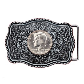 US 1986 Kennedy Half Dollar BU Uncirculated Coin Silver Belt Buckle NEW - Beautiful Western Scroll Design