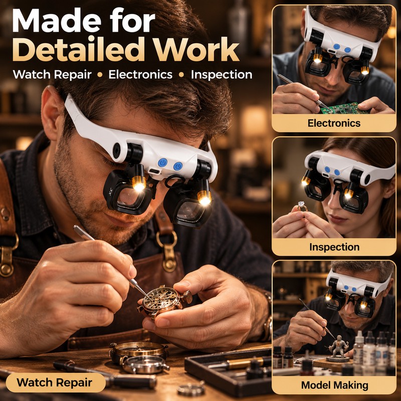 LED Head-Mounted Magnifier for Precision Work – 2-Pack with Interchangeable