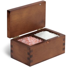 Demigo Salt Cellar Acacia Wood Salt Box with Flip Lid, 5.6x3.6x3 Inches 20 oz Large Storage Space, Perfect Container for Keeping Salt, Spice, Herbs or Favorite Seasonings (Dark Brown)