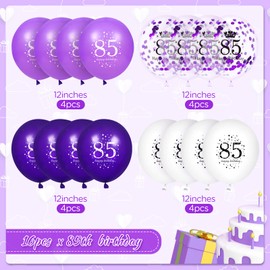 RUMIA 16PCS Purple White Happy 85th Birthday Confetti Latex Balloons for Women Men 85th Birthday Party Wedding Anniversary Indoor Outdoor Party Supplies, 12 Inch
