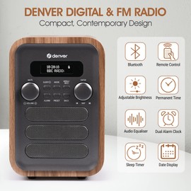 Denver DAB-48 Bluetooth DAB Radio With Remote Control - DAB/DAB+ Digital Radio Mains Powered – DAB Bluetooth Radio Speaker – DAB Alarm Clock – Grey With Large Remote Control