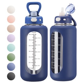 SIEROZUR 64 oz Glass Water Bottle with Straw and Handle Large Sports Motivational Water Bottle Flask with Time Marker Leakproof Water Jug with Silicone Sleeve for Gym