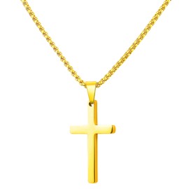 Tuewut Cross Necklace for Men-18K Gold/Silver Box Chain Cross pendant-316L Stainless Steel Men’s Cross Necklace 16-26 Inch (18 Inches, Gold)