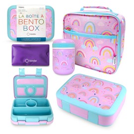 Bento Lunch Box with Thermo for Kids Set, Insulated Lunch Bag with Ice Pack, Stainless Steel Food Jar for Hot Soup, Boxes with 4 Compartments for Girls Toddler Snacks Lunches, Purple Rainbow