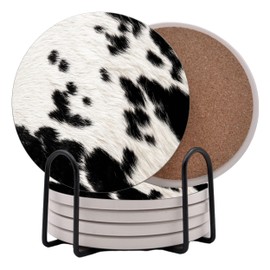 Cow Print Black White Country Farm Round Coasters Set of 6 - Abosrbent Ceramic with Metal Stand for Drinks, Coffee, Non-Slip Cork Back (Black)