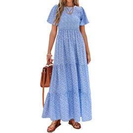 PRETTYGARDEN Women's Summer Casual Round Neck Short Flutter Sleeve Smocked Ruffle Floral Maxi Dress Wedding Guest Dress (Sky Blue White Flower,Small)