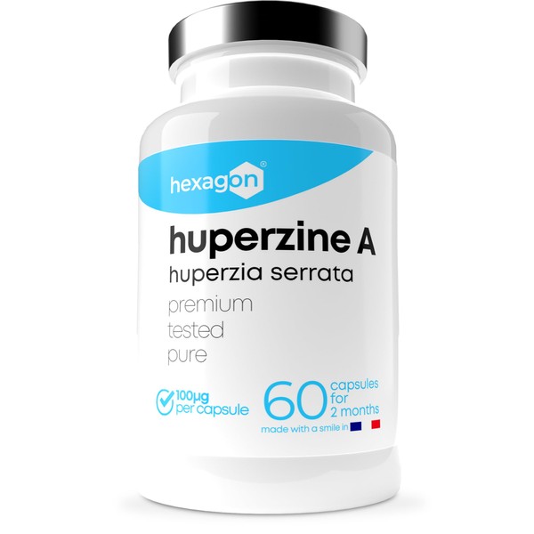 Huperzine A 100 mcg - Huperzia Serrata Extract - +2 Months Treatment - Cognitive Improvement & Memory - Made in France - 60 Vegetable Capsules - Vegan - Hexagon